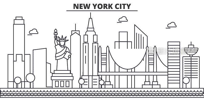 纽约，纽约市建筑线天际线插图。线性向量的城市景观与著名的地标，城市景观，设计图标。风景与可编辑的笔触