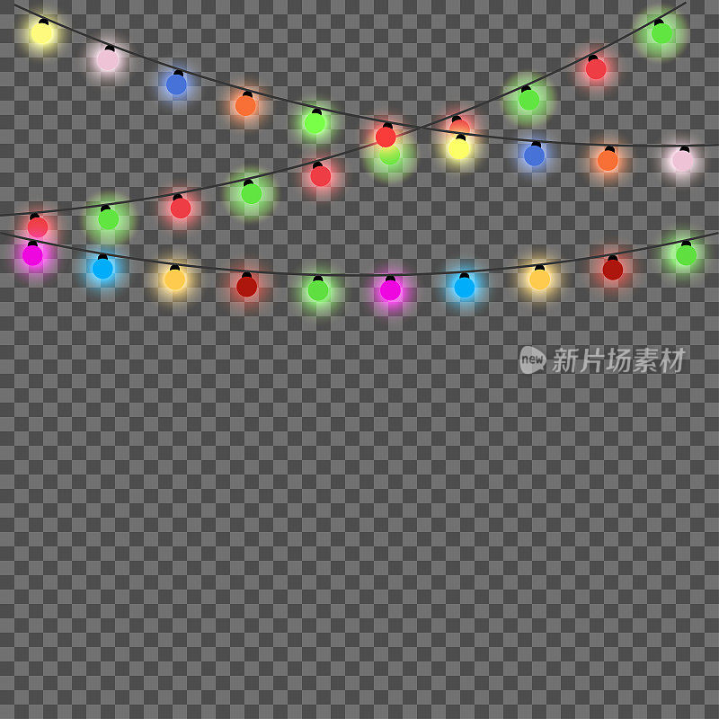 花环，发光的圣诞灯隔离现实的设计元素。圣诞装饰灯光效果