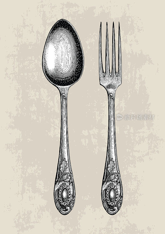 复古勺子和叉子手绘，勺子和叉子素描艺术孤立在垃圾背景