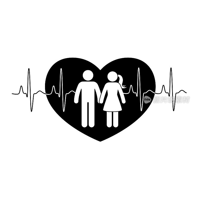 棒图夫妇。男人和女人在爱情矢量插图。男朋友和女朋友手拉手的心形图标和心电图的背景