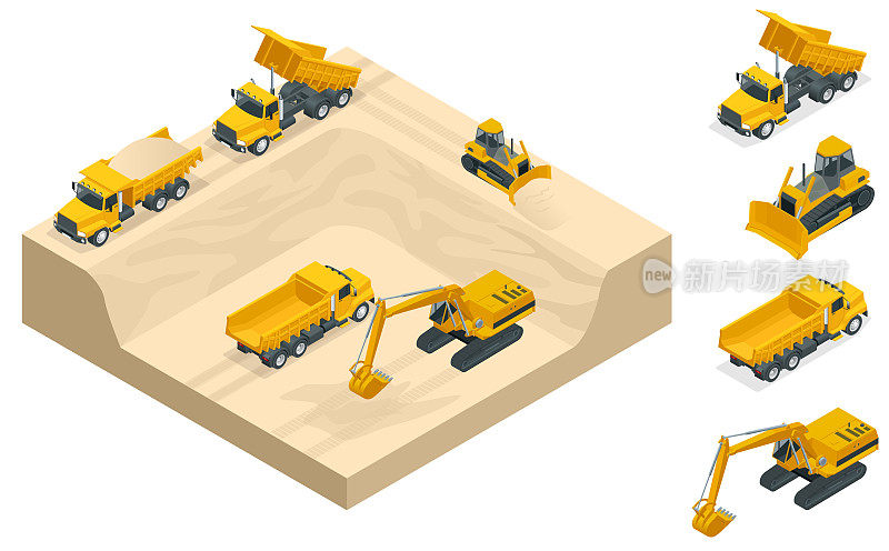 等距挖掘机和推土机在采石场上挖一个坑。