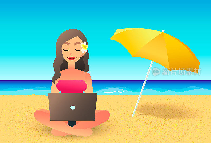 年轻女子在海滩上使用笔记本电脑。自由职业的概念。卡通扁平女孩在海边工作。在假期工作的自由职业者