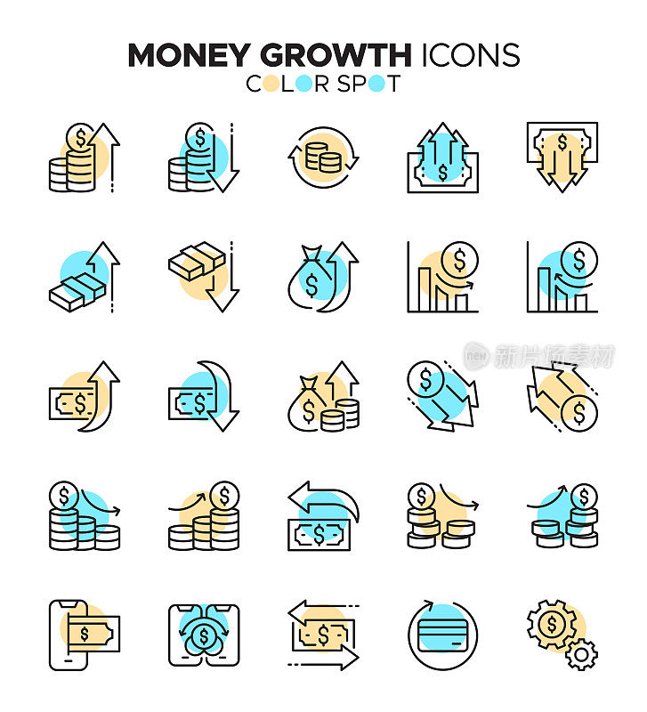 金钱增长-细线矢量色斑图标集-像素完美，可编辑笔画-投资，向上移动，金融，财富