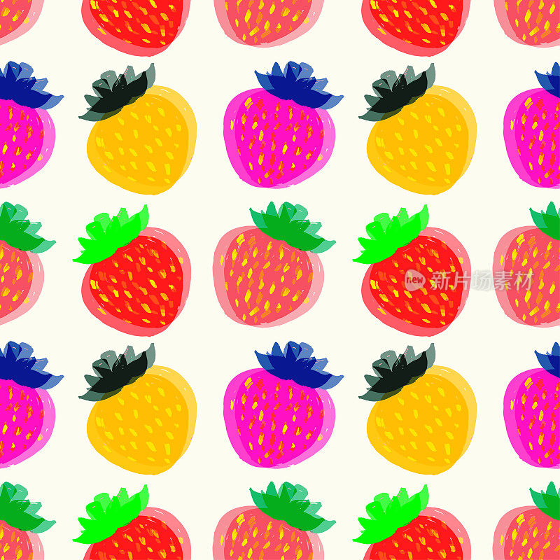 彩色草莓无缝图案在risograph艺术印刷风格