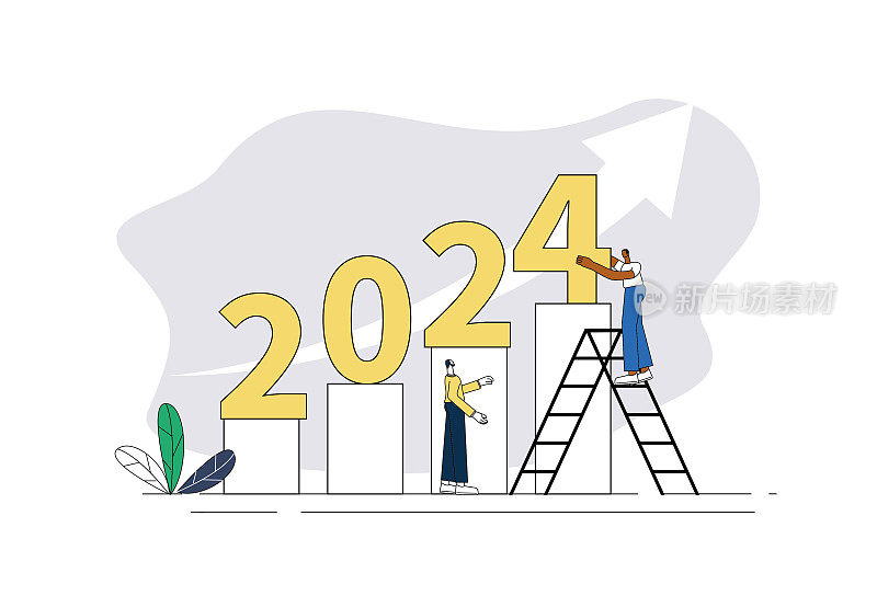 数据列，上升箭头符号，阶梯，白领，2024。2024年的经济增长。