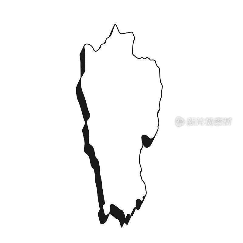 米佐拉姆邦地图，白色背景上有黑色轮廓和阴影