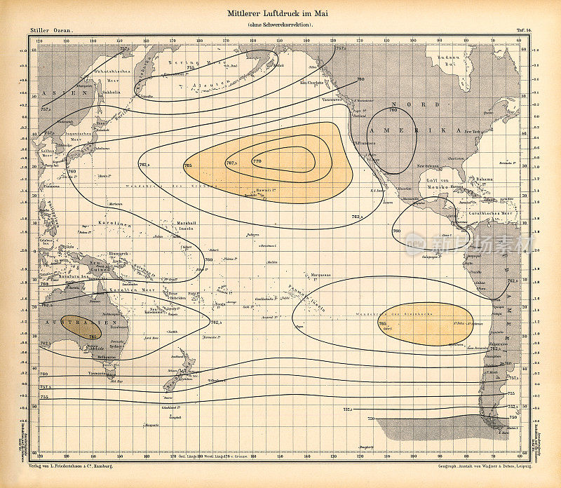 五月太平洋天气模式图，德国古董维多利亚雕刻，1896