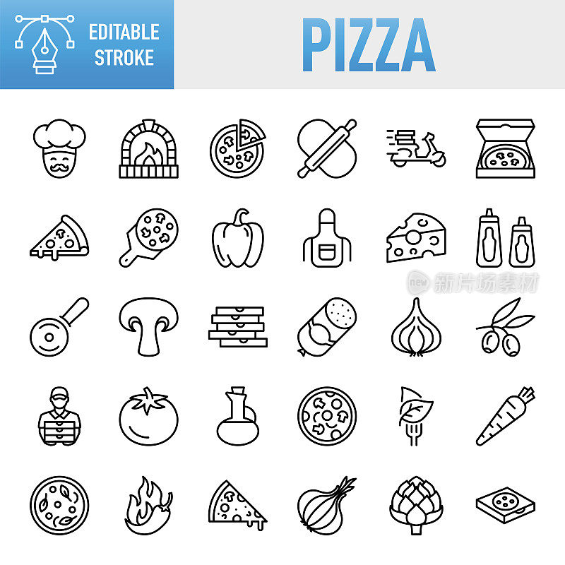 披萨-细线矢量图标集。像素完美。可编辑的中风。移动和Web。该套装包含图标:披萨，食物片，擀面杖，披萨店，披萨盒，披萨烤箱，披萨刀，披萨送货员，可食用蘑菇，西红柿，奶酪，面团