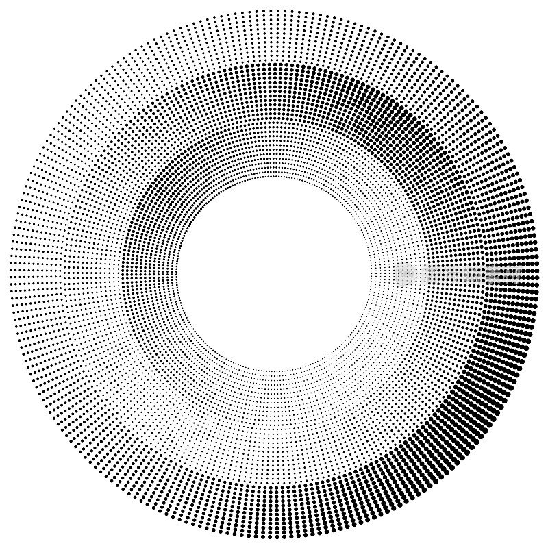 黑白半色调圆形图案具有从密集点到稀疏点的渐变。