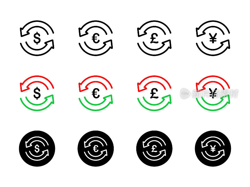 货币兑换图标集矢量设计。美元、欧元、英镑和人民币标志。