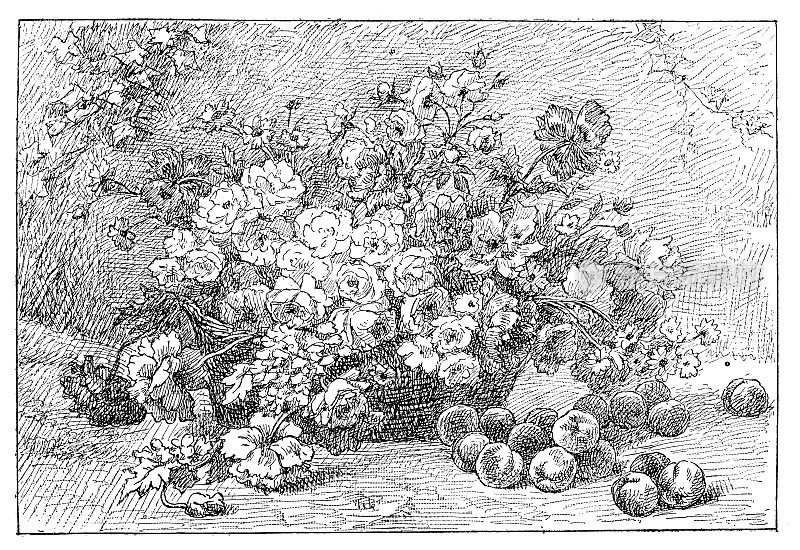 一篮鲜花和桃子