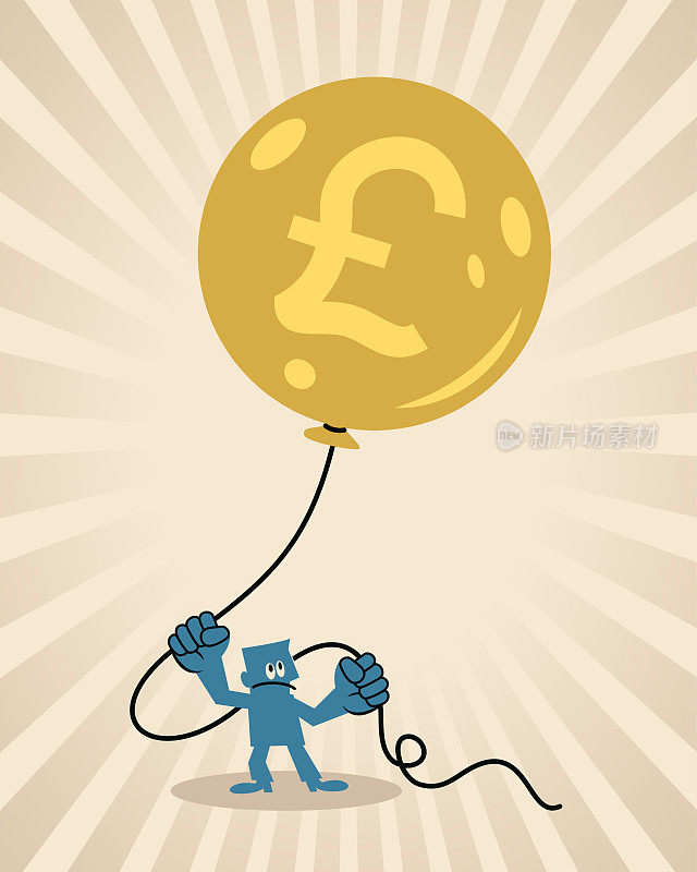 一个蓝色的人拼命地抓着向上飞的钱气球，这就是通货膨胀的概念