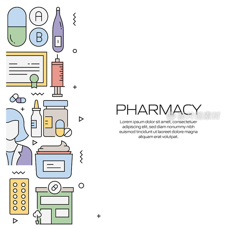 为网页，标题，小册子，年度报告和书籍封面设计药房相关的线条风格横幅