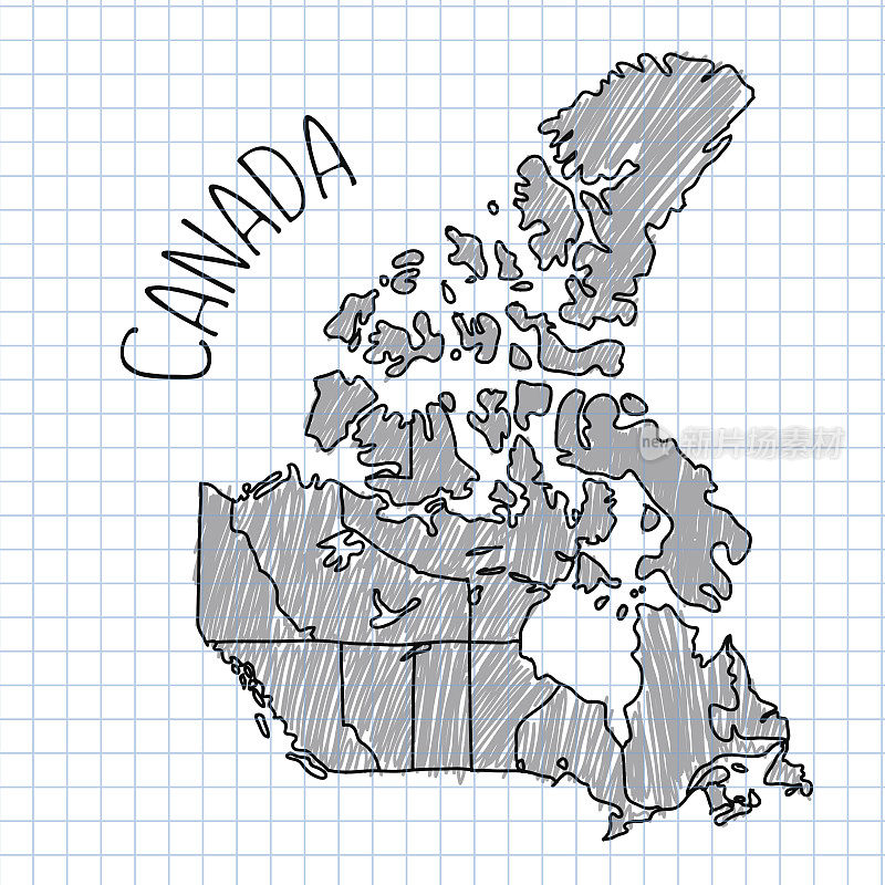 灰色和黑色钢笔手绘的加拿大地图矢量上