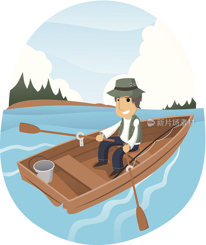 男子在湖上快乐地划着渔船