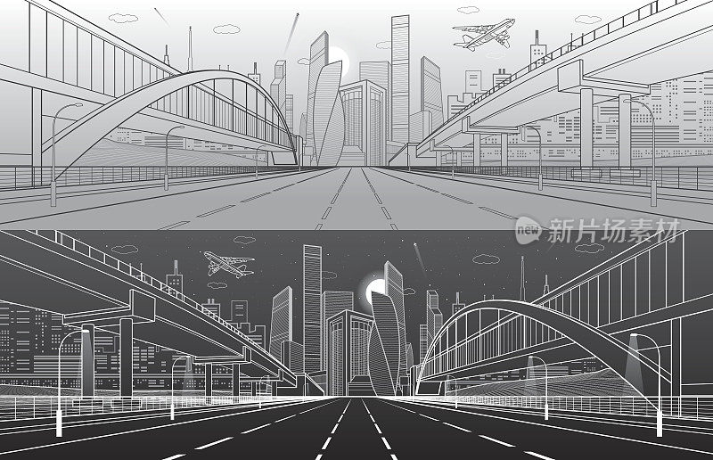 横跨高速公路的人行天桥。路立交桥。基础设施，现代城市背景，工业建筑。黑白线条插图，城市场景，矢量设计艺术