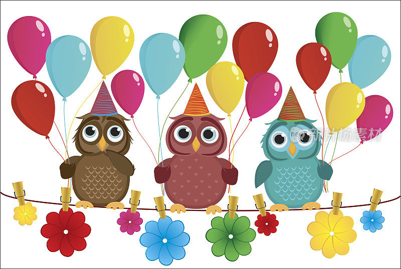 三只可爱的猫头鹰坐在绳子上拿着气球。晾衣夹上挂着彩色的纸花。假期的生日。向量。邀请去度假。贺卡与空白的标签或广告。