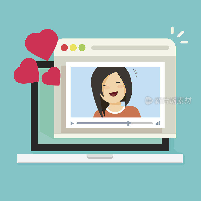 在笔记本电脑上在线远程约会视频交流应用矢量插图，平面卡通距离关系互联网视频通话聊天与爱幸福的女友