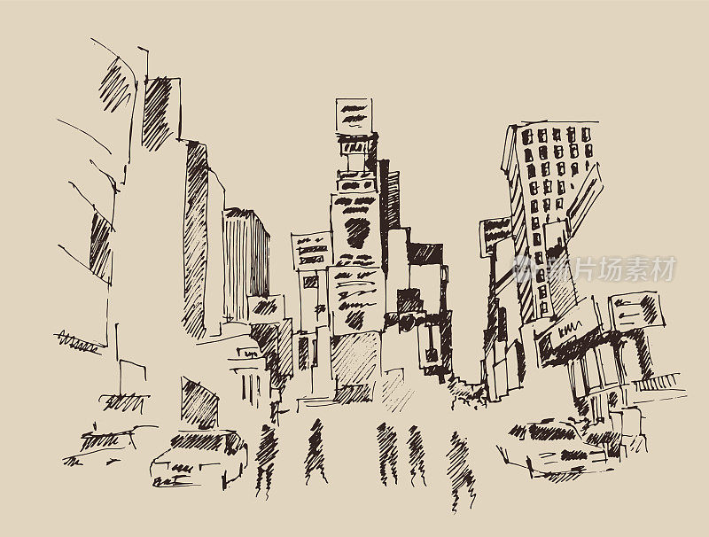 时代广场，纽约街头雕刻矢量插图