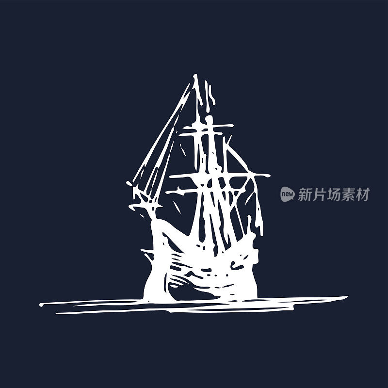 在海洋中航行的大帆船在水墨线条风格。矢量手绘的旧战舰。海洋主题设计。