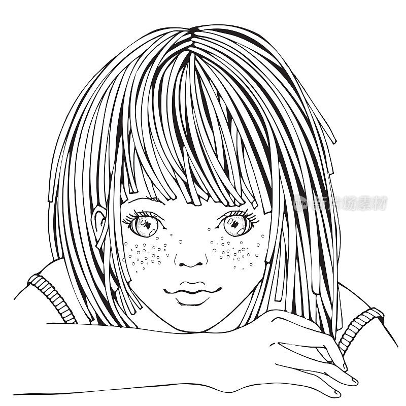 可爱的卡通小女孩。涂色书页为成人和儿童。黑白矢量。