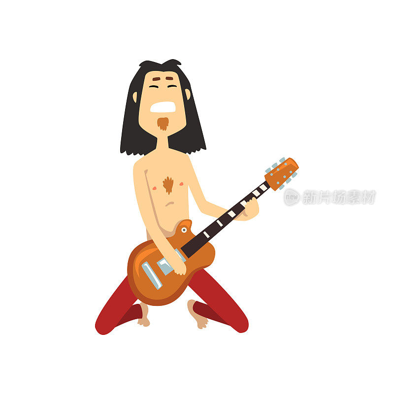 摇滚歌手跪在地上弹吉他。摇滚或金属乐队的吉他手。舞台上的音乐表演者。卡通人物长头发，穿红裤子的男人。平面向量的设计