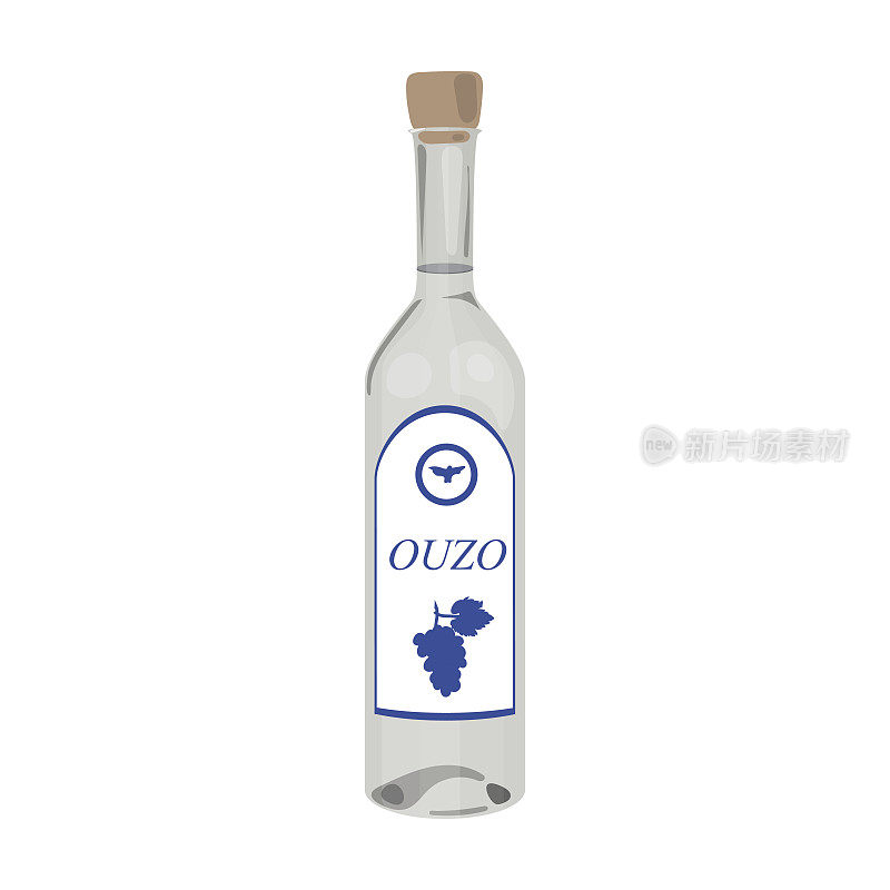 瓶的茴香酒图标在卡通风格孤立的白色背景。希腊符号股票矢量插图。