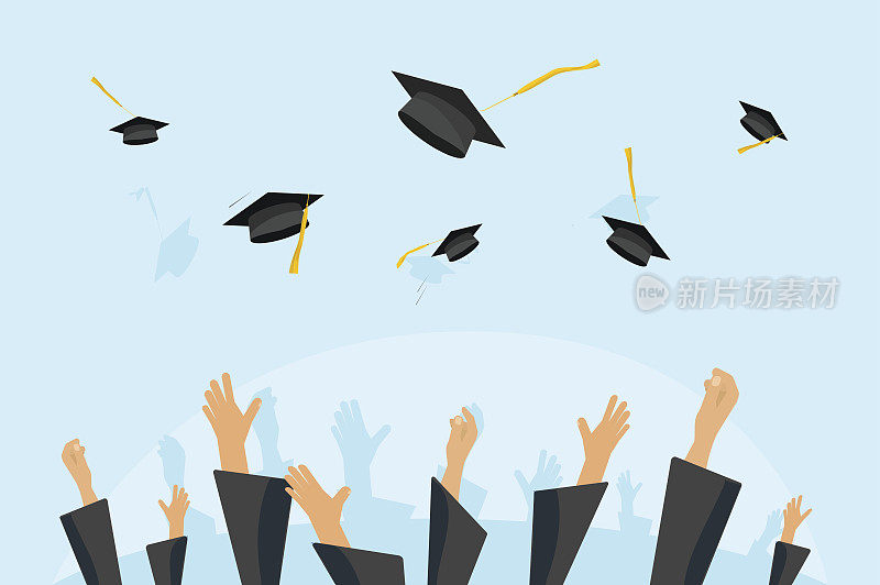 毕业的学生或小学生双手在长袍中向空中抛毕业帽，放飞学术帽，将学位板扔向空中平卡通矢量插图