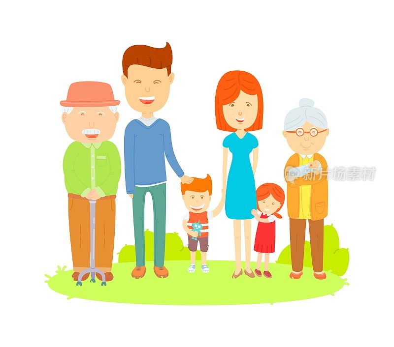 大家庭卡通向量，平面向量彩色插图，可爱的风格，家庭照片在草坪上