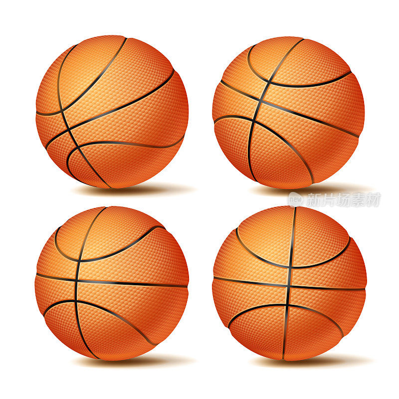 现实篮球设置向量。经典的橙色圆球。不同的观点。体育游戏的象征。孤立的插图