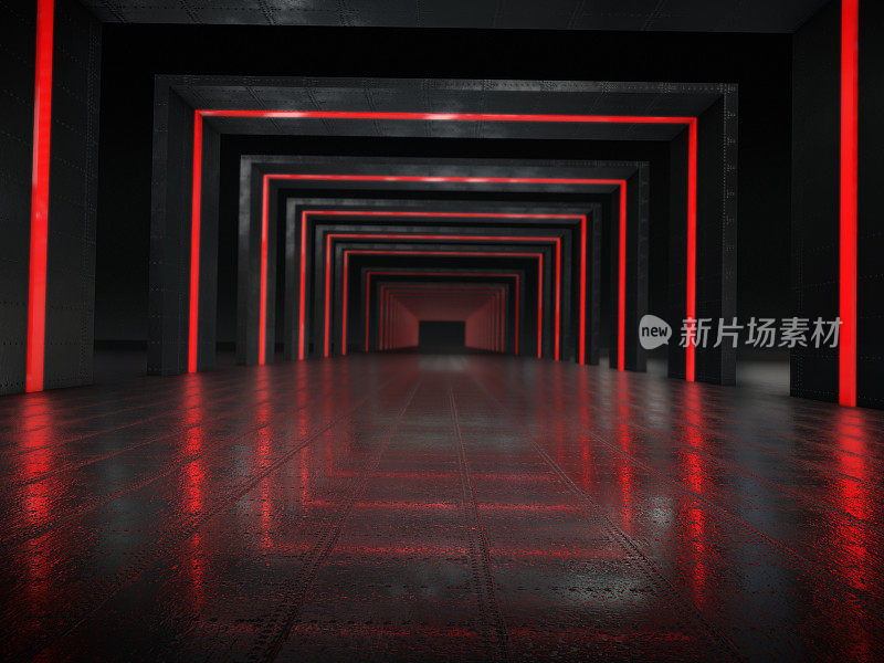 狭长的黑暗走廊内部与未来的光。三维渲染