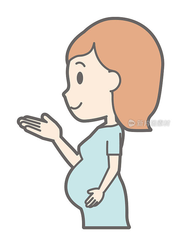 一个穿着绿色裙子的孕妇正在侧着身子引导它