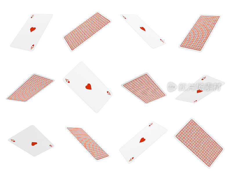许多扑克牌在空中飞行的3d渲染，它们都是心的ACES。