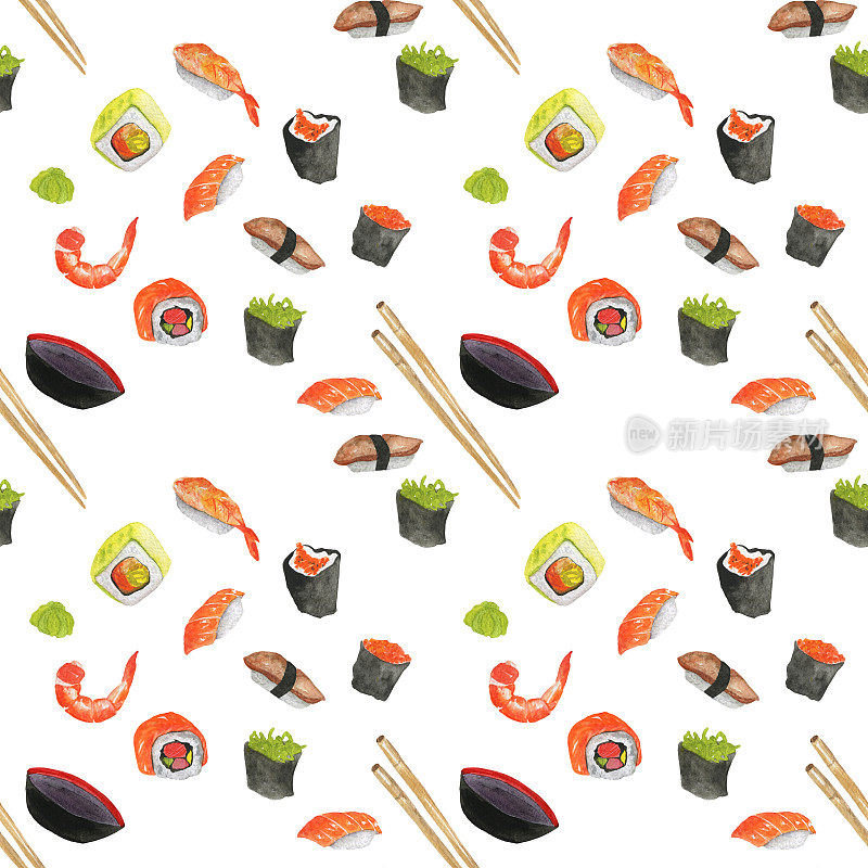 无缝模式的寿司，maki，虾，卷孤立在白色的背景