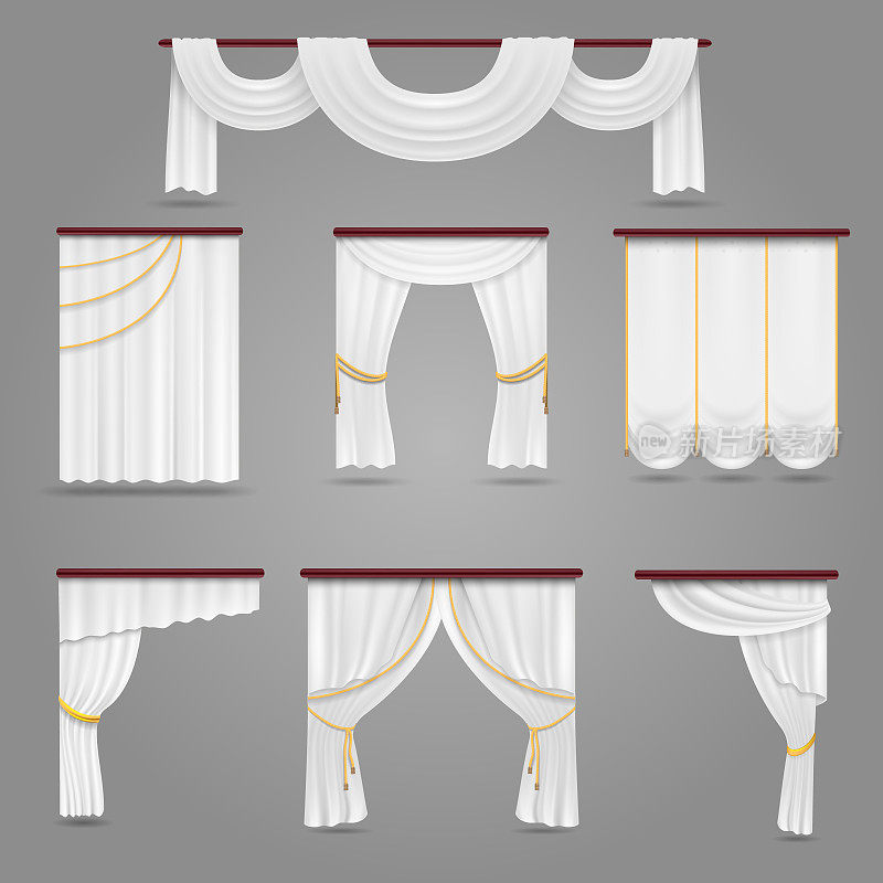 白色窗帘窗帘为婚礼房间和窗户矢量设置