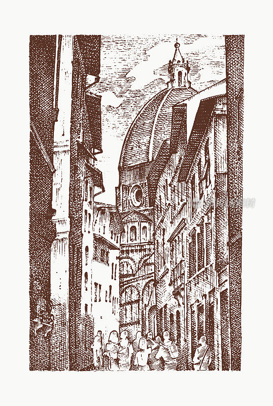 意大利佛罗伦萨的欧洲小镇。手工雕刻的老素描和复古风格。历史建筑与建筑，透视图。旅行的明信片。圣玛丽亚德尔菲奥雷