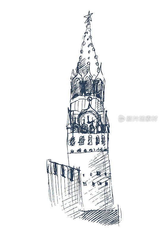 涂鸦风格插图:莫斯科克里姆林宫的Spasskaya塔，俯瞰红场。带有时钟和星星标志的莫斯科克里姆林宫Spasskaya塔。