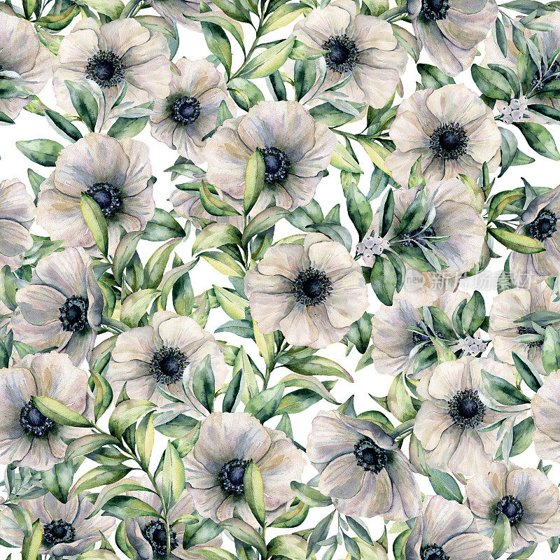 水彩无缝图案与银莲花和桉树叶。手绘花卉插图与白色的花和叶子孤立在白色的背景。用于设计、印花、织物或背景。