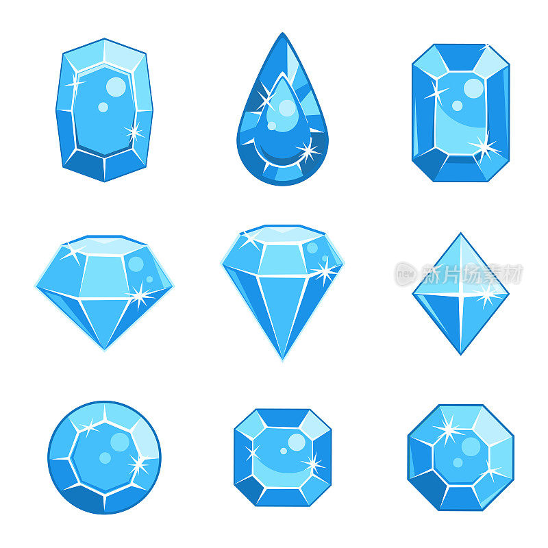 一套卡通向量蓝色宝石宝石在不同的形状的游戏