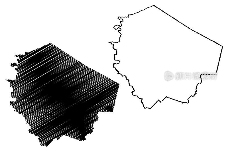 本德堡县，得克萨斯州(县在得克萨斯州，美国，美国，美国)地图矢量插图，涂鸦素描本德堡地图