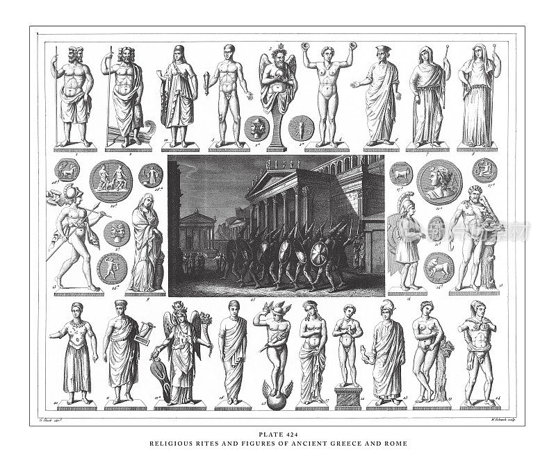 古希腊罗马的宗教仪式和人物雕刻古董插图，1851年出版