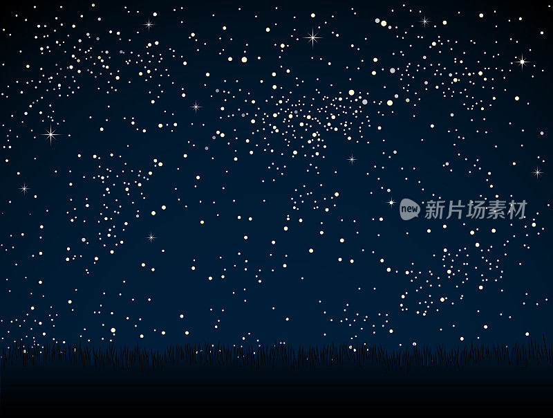 繁星点点的夜晚，草地上闪烁着明亮的星星。背景,旗帜。