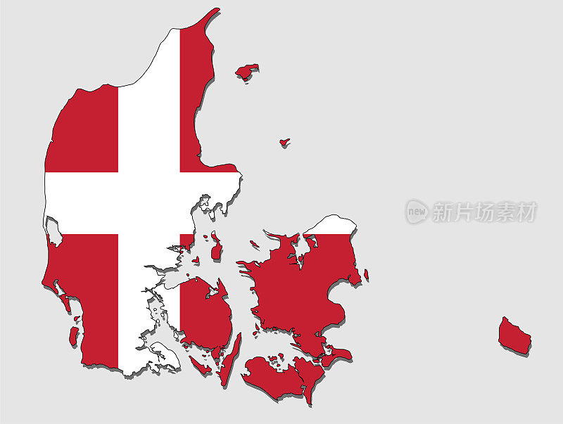 高度详细的政治丹麦地图，充满了国旗