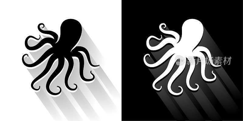 章鱼黑白图标与长影子