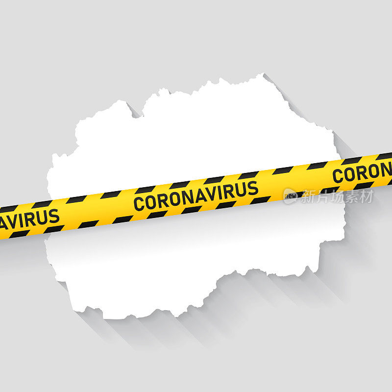 北马其顿地图与冠状病毒警告胶带。Covid-19爆发