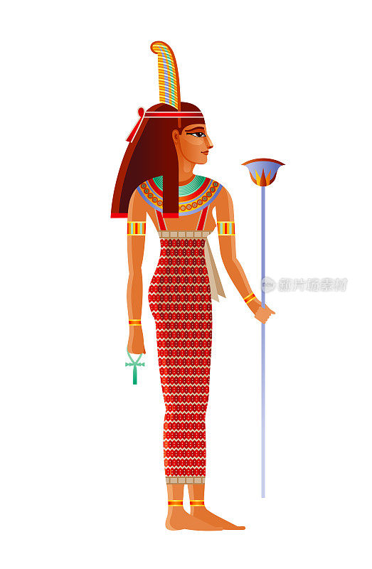 埃及女神，长有鸵鸟毛的神。古埃及的真理，平衡，秩序，和谐，法律，道德，正义之神。3d现实的狮子矢量插图孤立的白色背景