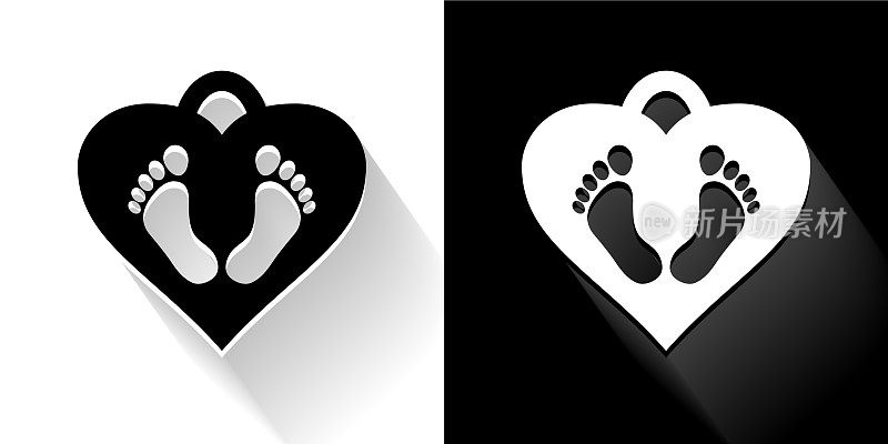 婴儿脚标签黑色和白色长阴影图标
