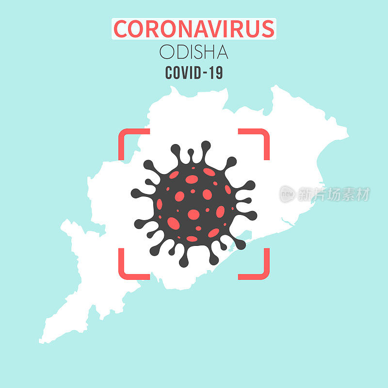 红色取景器显示冠状病毒(COVID-19)的奥里萨邦地图