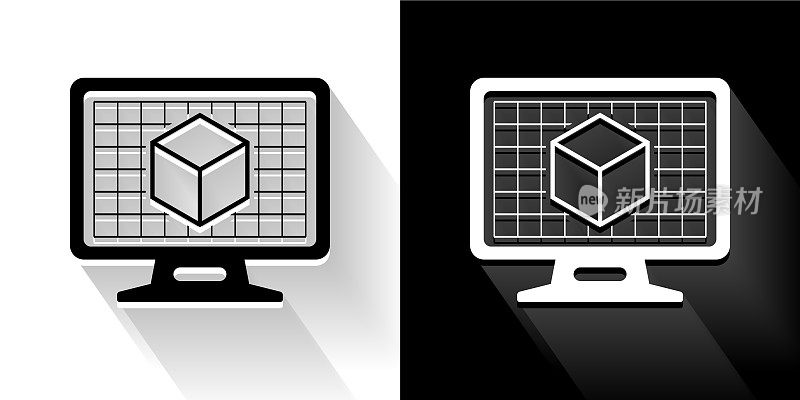 3D立方体在桌面屏幕上的黑色和白色图标与长阴影