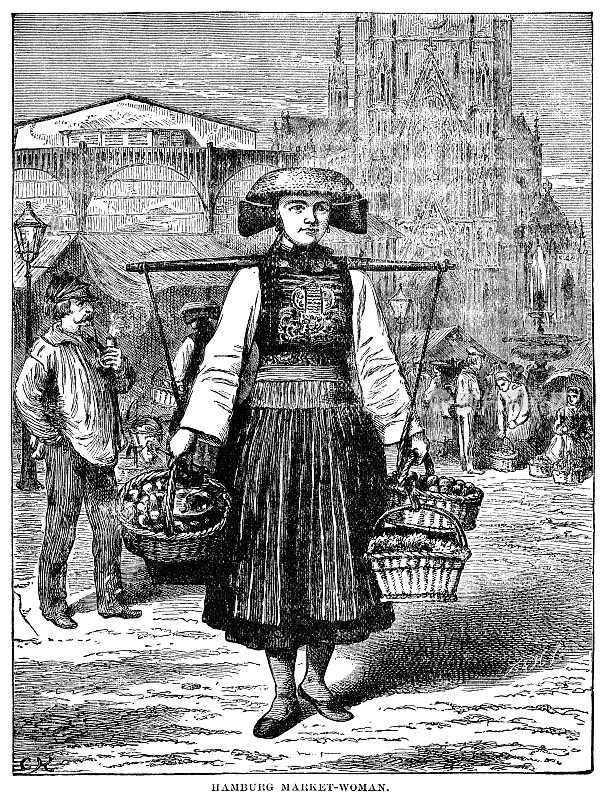 19世纪的德国汉堡，一名妇女提着篮子的农产品在市场上
